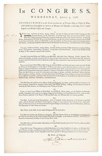 (AMERICAN REVOLUTION--1777.) Instructions to the Commanders of Private Ships or Vessels of War,                                                  